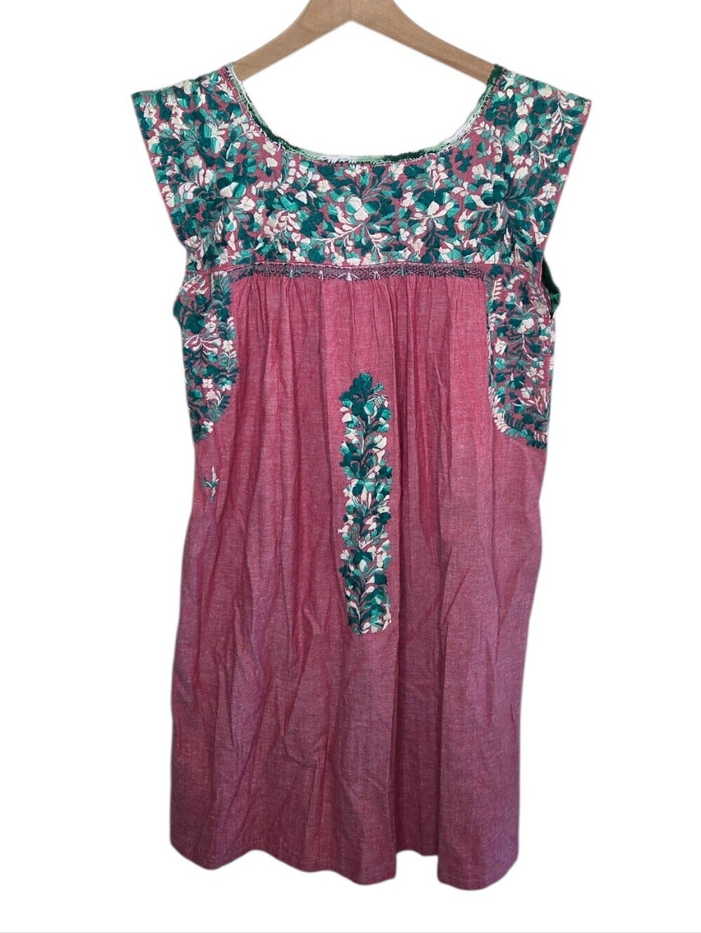 Mi Golondrina Mauve Pink Green Floral Embroidered Shift Dress Size Small Artisan